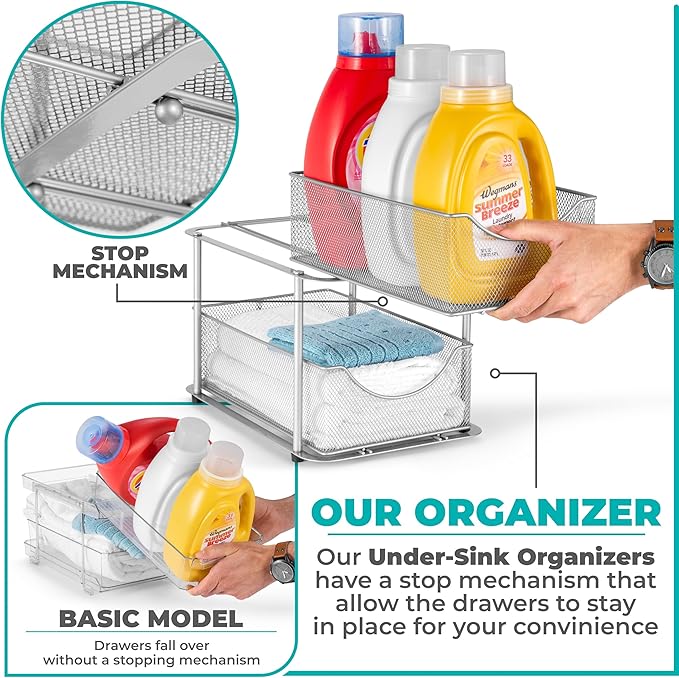Sorbus 2 Tier Metal Under Sink Organizer for Bathroom, Kitchen, Strong Steel Mesh Sliding Drawers for Under Sink, Under Cabinet, Closet, Kitchen, Pantry, Bathroom Organizers and Storage (Silver)