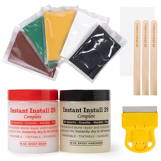 Instant Install 29 Complete - 20 oz Epoxy Permanent Repair Kit with EZ-Tint 10 g 5-Pack, Mixing Sticks, Razor, & Shaping Strip - Granite, Marble, & Tile - Rebonds & Rebuilds - Dry in 29 Minutes