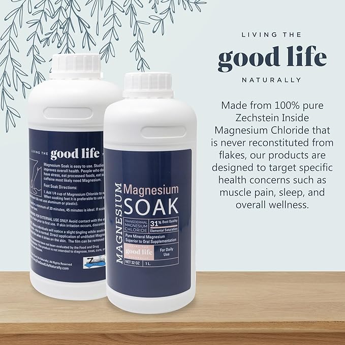 Magnesium Soak - 100% Pure Zechstein Transdermal Magnesium Oil Bath Soak for Relaxation, Skin Health, and Wellness - Magnesium Foot Soak and Bath Soak - 32oz
