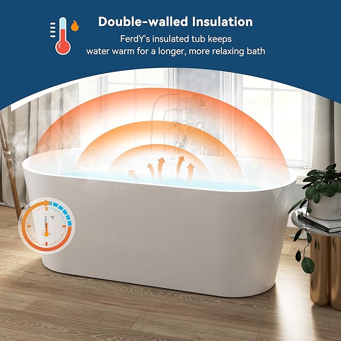 FerdY 67" Shangri-La Elite, Acrylic Freestanding Bathtub, Modern & Contemporary Design Soaking Tub with Brushed Nickel Pop-Up Drain and Minimalist Design Overflow, Glossy White, cUPC Certified
