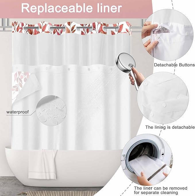 No Hook Shower Curtain and Liner Set, Red Eucalyptus Floral Shower Curtains for Bathroom, Bath Curtain Sets with Snap in Liner, Waterproof with See Through Top Window, 71x77 Inches