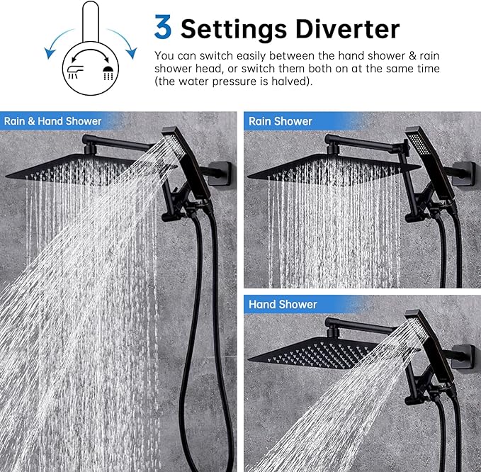 G-Promise All Metal 12 Inches Rainfall Shower Head with Handheld Spray Combo, 3 Settings Diverter, Adjustable Extension Arm with Lock Joints, 71 Inches Stainless Steel Hose (Oil Rubbed Bronze)