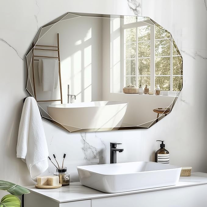 Bathroom Mirror for Wall, 30" x 40" Oval Mirror, Bathroom Vanity Mirror, Wall Mount Vanity Mirrors, Beveled Edge Frameless Wall Mirrors Decorative, Irregular Beveled Edge Mirror