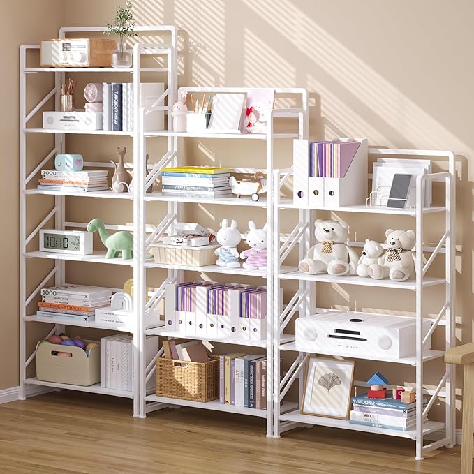 JSB No Assembly Folding Bookshelf, 6 Tier Industrial Metal Book Shelf for Storage, Vintage Wood Foldable Bookcase for Living Room, Bedroom, Office Organization Shelves
