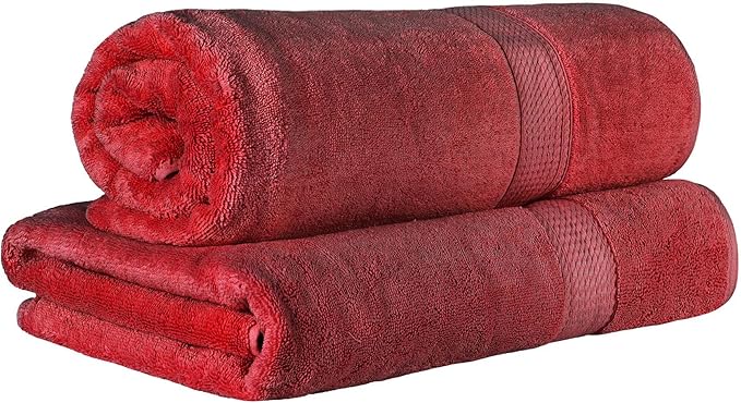 Superior Egyptian Cotton Pile Bath Sheet Set of 2, Ultra Soft Luxury Towels, Thick Plush Essentials, Absorbent Heavyweight, Guest Bath, Hotel, Spa, Home Bathroom, Shower Basics, Red