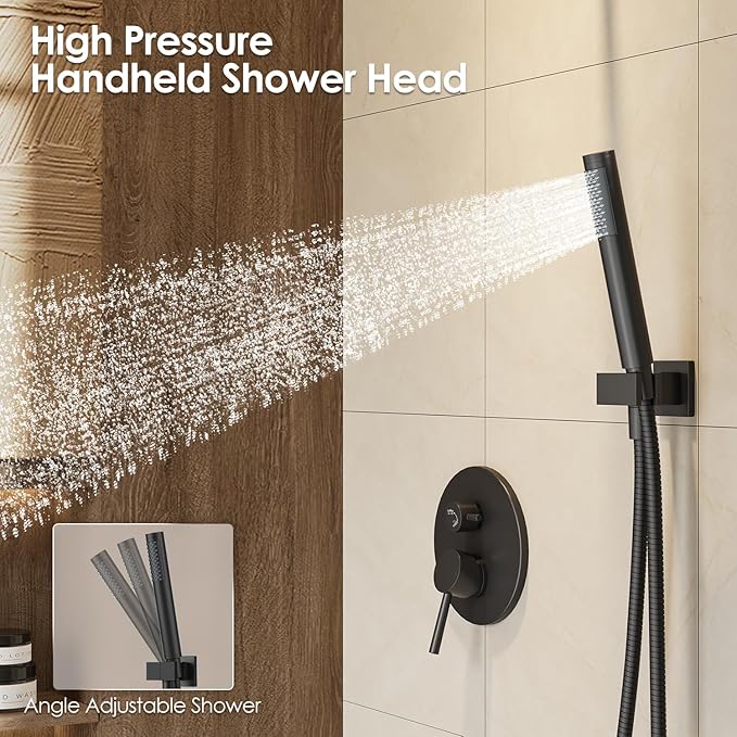 Gabrylly Black Shower Faucet Set, Wall Mounted System with Shower Valve, High Pressure 10" Rain Shower head with Handheld Spray Combo, 2 Way Rainfall Shower Fixtures, Matte Black