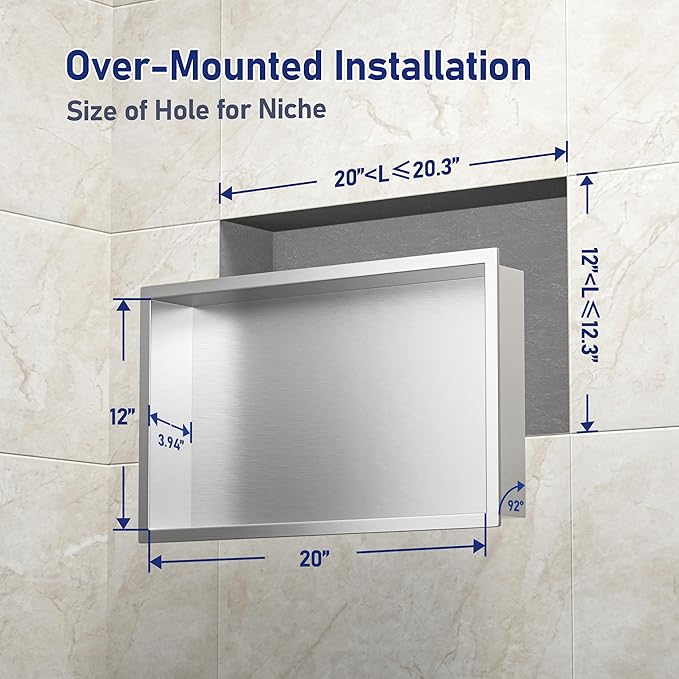 Stainless Steel Shower Niche 24" X 12" Brushed No Tile Needed Niche Shower Recessed Wall Horizontal Niches for Bathroom Storage Over Mount Installation
