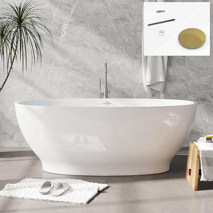 FerdY Koh Samui 65" Freestanding Bathtub, Elegant Oval Shape, Double Walled Insulation Bathtub with Center Polished Gold Drain & Minimalist Linear Design Overflow