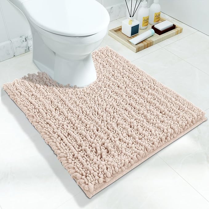 Yimobra Toilet Rug U Shaped Washable 24x20 Inch - Ultra Soft Absorbent Chenille Bath Rugs for Toilet, Quick Dry & Machine Washable, Non Slip Contour Bathroom Mat, Pinkish Beige
