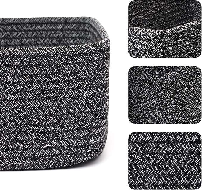 Small Storage Baskets for Organizing | Closet Organizer Bins | Shelf Toy Basket | Woven Rope Baskets | Cube Decorative Box | Shallow Basket | 11.5x7.5x4.7” | 3 Packs Dark Gray