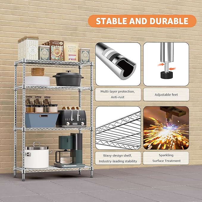 5-Shelf Storage Shelves,Wire Shelving Heavy Duty Metal Storage Shelving Unit Adjustable Garage Shelving Rack Pantry Kitchen (Chrome, 4 Tier,15.8" D x 45.3" W x 59.4" H)