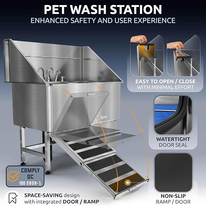 KANIS Professional Dog Washing Station - 304 Stainless Steel Pet Wash Sink & Grooming Bathtub w/Shower, Floor Grates and Storage for Large, Medium & Small Pets (50", 1 Drawer - Left Ramp)