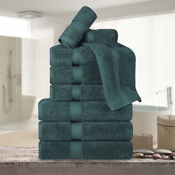 BNM Egyptian Cotton Heavyweight Towels, Ideal For Bathroom, Shower, Spa, Hotel, 800 GSM, Face/ Washcloths, Hand Towels, Bath Towels, Highly-Absorbent, Luxury Home Basics, 9 Piece Towel Set, Teal
