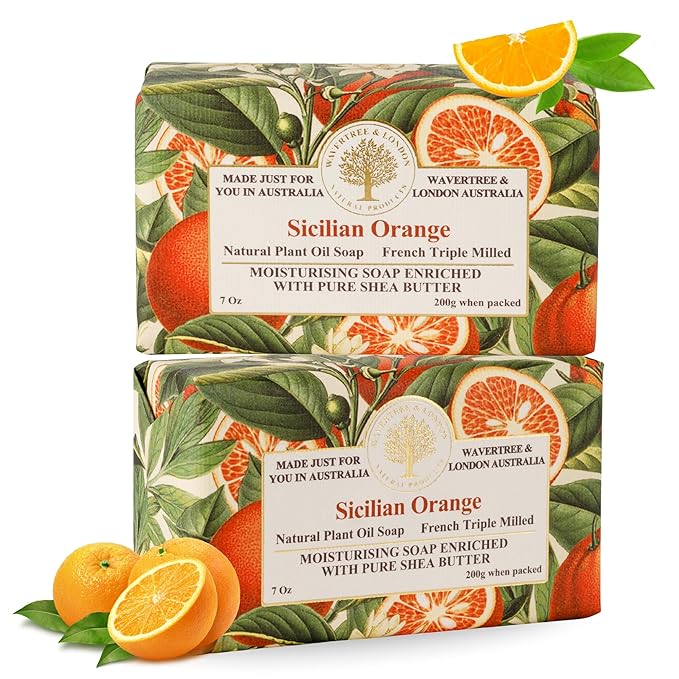 Wavertree & London Sicilian Orange Scented Natural Soap (2 Bars), 7oz Moisturizing French Triple Milled Soap Bars enriched with shea butter - Pure Plant Based Bath & Body Bars for All Skin Types