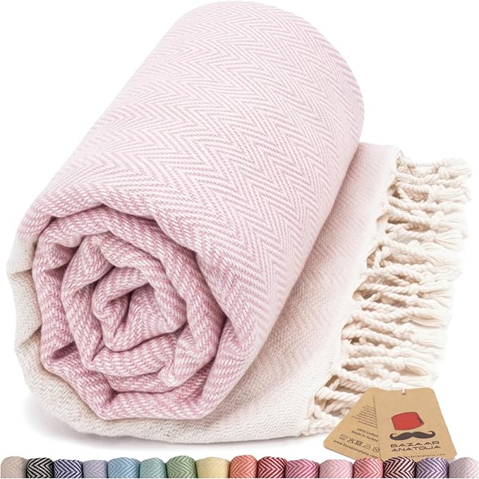 Bazaar Anatolia Turkish Beach Towel 100% Cotton Bath Towels 71x39 Quick Dry Sand Free Lightweight Large Oversized Herringbone Light Pink
