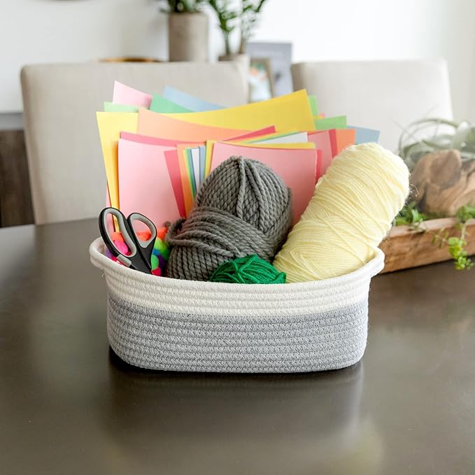 NaturalCozy 5-Piece Rectangle Storage Basket Set- Natural Cotton Rope Woven Baskets for Organizing! Small Basket for Montessori, Baby Nursery, Dog Toy Baskets, Cat Toy Box, Bathroom Organization Bin