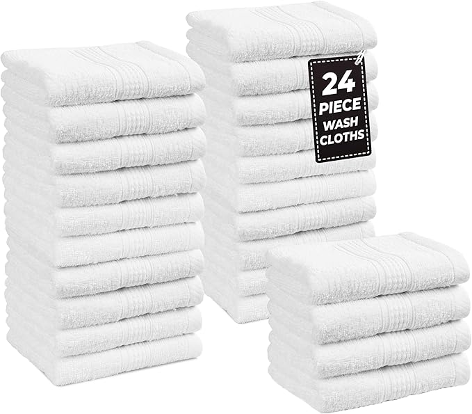 LANE LINEN 100% Cotton Washcloths 24 Pack - Spa & Salon Quality Face Towels - Ring Spun, Soft & Absorbent Wash Cloth Rags for Body, Beauty, Home, Gym - Fingertip Towels - 13"x13", White Washcloths