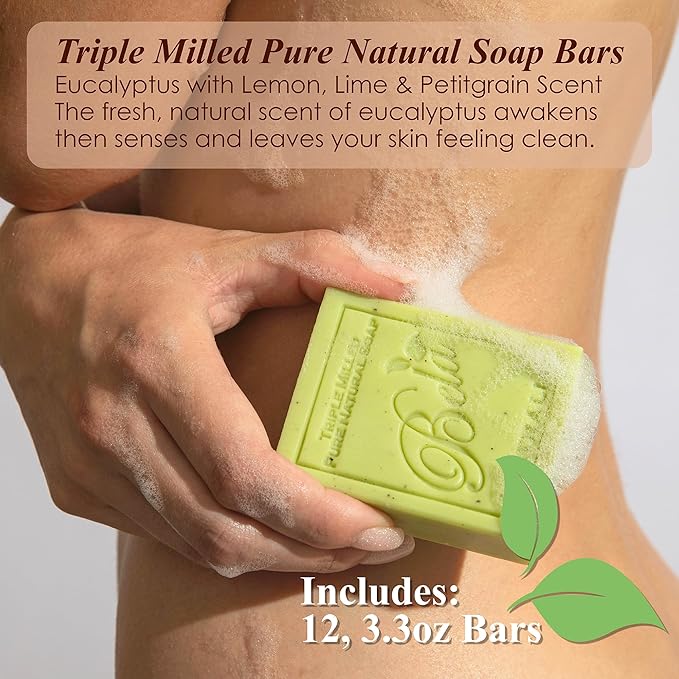 BELA Eucalyptus with Lemon Soap 3.3 oz Pack of 12, Long Lasting Triple Milled French Soap Enriched with Organic Shea Butter, Rich Creamy Lather, Made in Australia