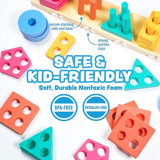 Tub Works® Splash, Stack & Sort™ Shape Sorter & Stacking Toddler Bath Toy | 20 Foam Pieces | Color Sorting & Shape Stacking Kids Bath Toys | Floats & Sticks to Tub Walls | Early Learning Bathtub Toys