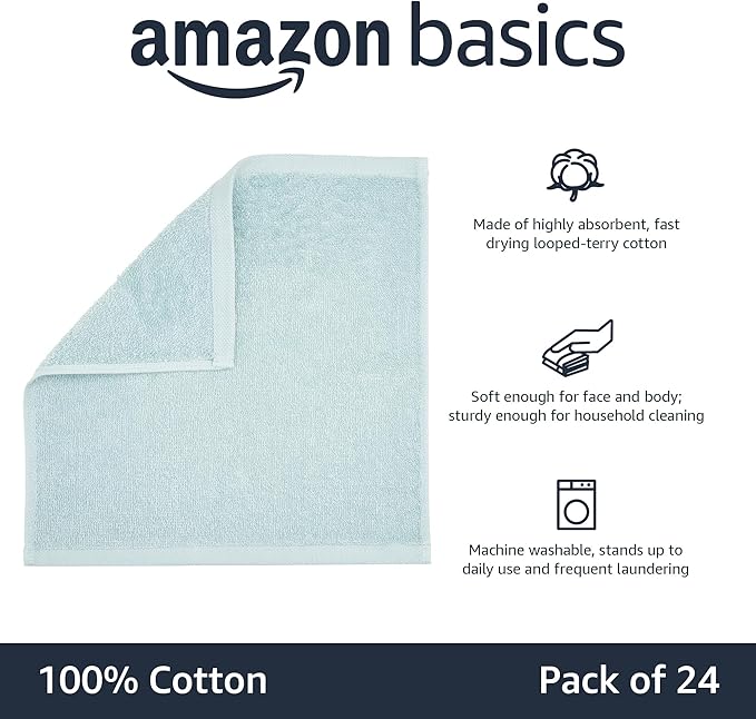 Amazon Basics face Towels for Bathroom, 100% Cotton Extra Absorbent washcloth, Fast Drying - Salon Towel - Ice Blue (12 x 12 inches) (Pack of 144)