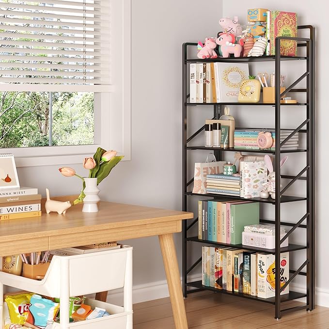 JSB No Assembly Folding Bookshelf, 6 Tier Industrial Metal Book Shelf for Storage, Vintage Wood Foldable Bookcase for Living Room, Bedroom, Office Organization Shelves