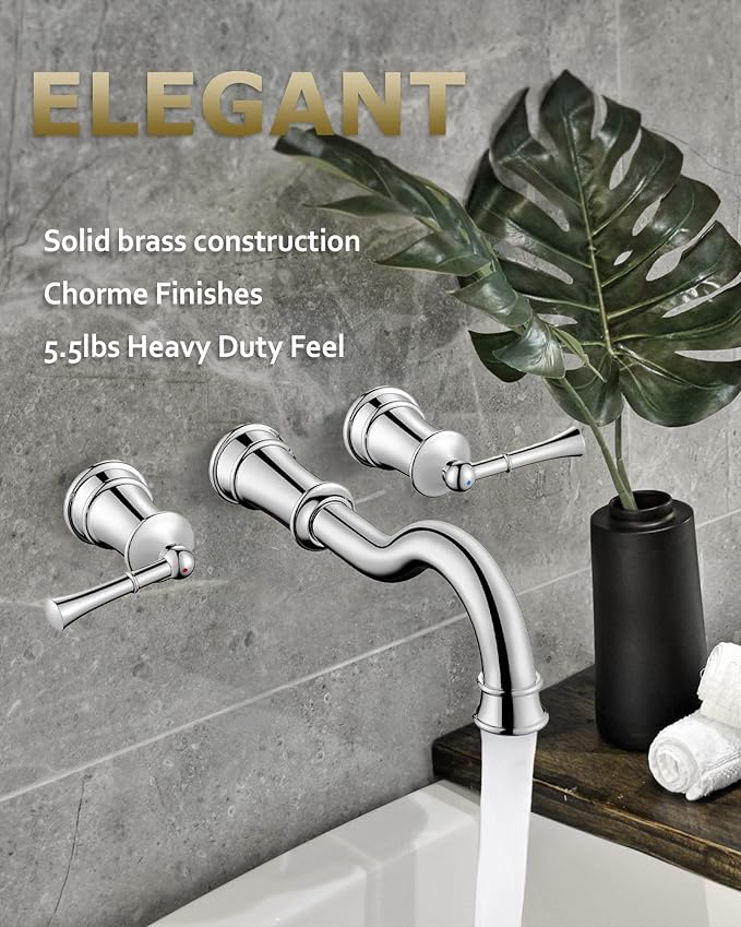 Roman Bathtub Faucet Wall Mount Widespread Tub Filler with Rough-in Valve 3 Holes 2 Lever Handle Elegant Classic Spout for Bathroom, Chrome