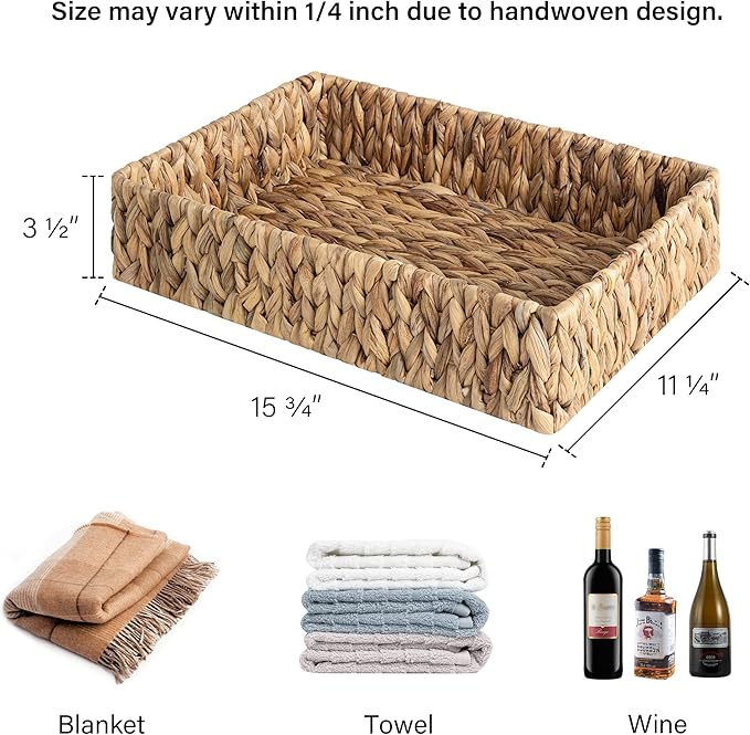 StorageWorks Large Water Hyacinth Tray for Bathroom, Wicker Storage Basket for Shelves, Handwoven Natural Hyacinth Baskets for Organizing, 2-Pack