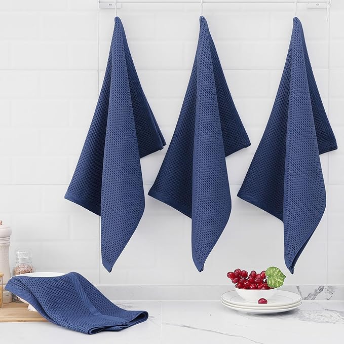 Homaxy 100% Cotton Waffle Weave Kitchen Dish Towels, Ultra Soft Absorbent Quick Drying Cleaning Towel, 20x28 Inches, 8-Pack, Navy Blue