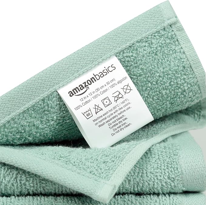 Amazon Basics Cotton Washcloths for Bathroom, Fast Drying, Extra Absorbent, 12 x 12 in, Seafoam Green, Ice Blue, White, 24-Pack