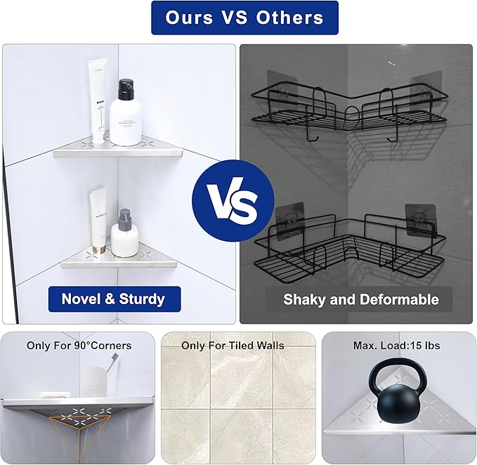 8" Corner Shower Shelf, 2-Pack Shower Shelves SUS304 Stainless Steel Bathroom Shelves for Tile Walls, Recessed Corner Shelf Organizer Rack, No Drilling (Brushed)