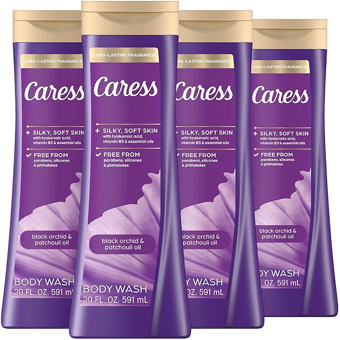 Caress Body Wash Black Orchid & Patchouli Oil To Relax and Recharge Relaxing, Fragrant Body Soap 20 fl oz, Pack of 4