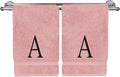 Monogrammed Hand Towel, Personalized Initial Gift, Extra Absorbent 100% Turkish Cotton - Soft Terry Finish - Set of 2 - Black Block Initial A - Embroidered on Pink Towels