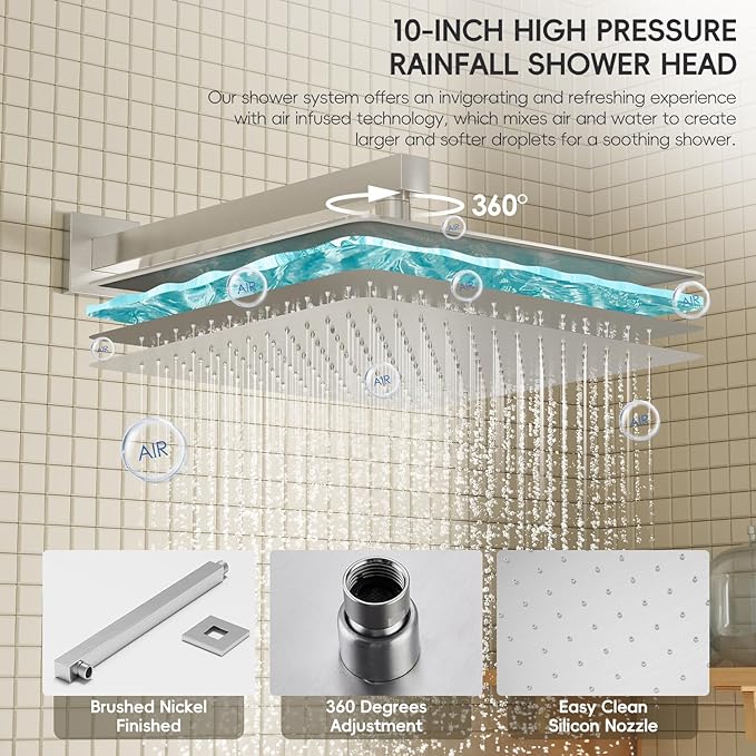 Brushed Nickel Shower System, Shower Faucet Set with 10-Inch Rain Shower Head and Handheld, Wall Mounted High-Pressure Shower Head Combo Set with Shower Valve and Shower Trim, Brushed Nickel