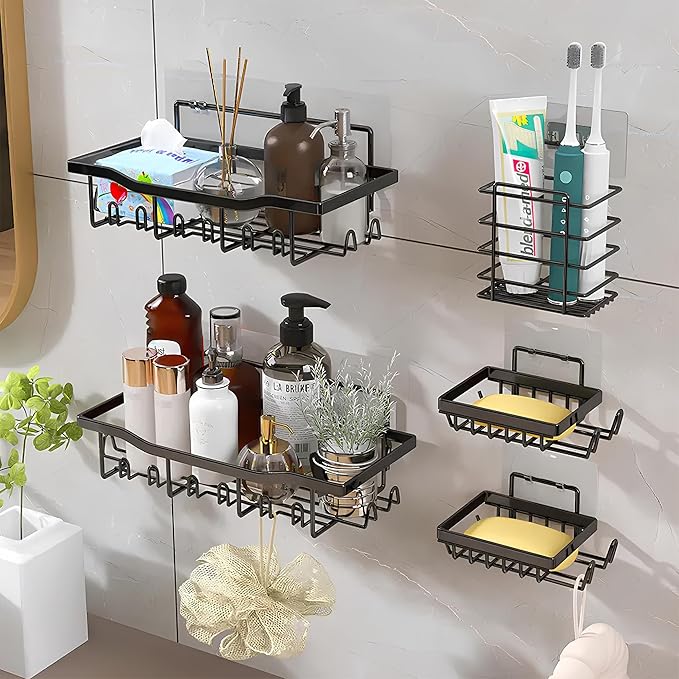 Fab Glass and Mirror 5-Pack Shower Caddy, Black - Shower Organizer & Shelves for Efficient Storage, Bathroom Caddy for Wall Organizer, Durable Wall Caddy