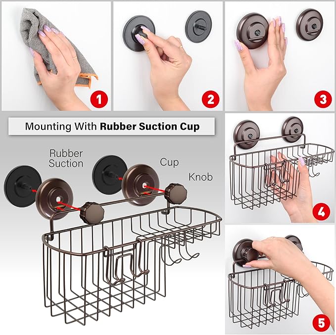 HASKO Shower Caddy Suction Cup with Hooks & Soap holder, Shower Shelf, Bathroom Storage Organizer, Rustproof Shampoo Holder, Bronze