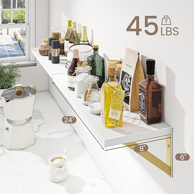 Deep Floating Shelves for Wall, 24W x 8D Wall Mounted Shelves Set of 2, Wide Display Ledge Shelf with Sturdy Metal Brackets for Living Room, Bathroom, Bedroom and Kitchen, White with Gold Brackets