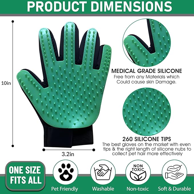Upgrade Pet Grooming Gloves, Grooming Gloves for Dogs, Cats, Rabbits & Horses with Long and Short Hair, Efficient Pets Hair Remover Mittens - 1 Pair (Green)