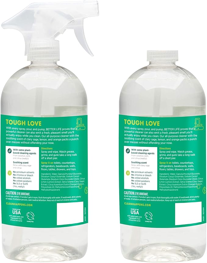 Better Life All Purpose Cleaner - Multipurpose Home and Kitchen Cleaning Spray for Glass, Countertops, Appliances, Upholstery & More - Multi-surface Spray Cleaner - 32oz (Pack of 2) Clary Sage/Citrus