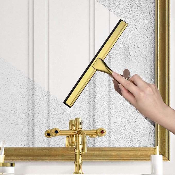 HIWARE All-Purpose Shower Squeegee for Shower Doors, Bathroom, Window and Car Glass - Brass, Stainless Steel, 12 Inches