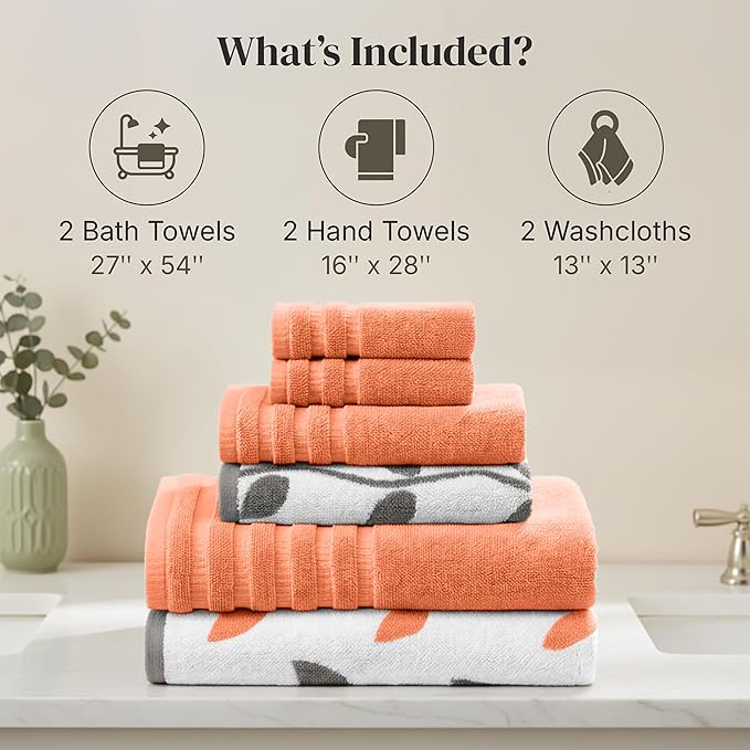 Modern Threads Organic Vines 6-Piece 100% Cotton Towel Set – Yarn Dyed Jacquard & Solid – Includes 2 Bath Towels, 2 Hand Towels, 2 Washcloths – Absorbent, Quick Dry, Soft & Durable – Orange