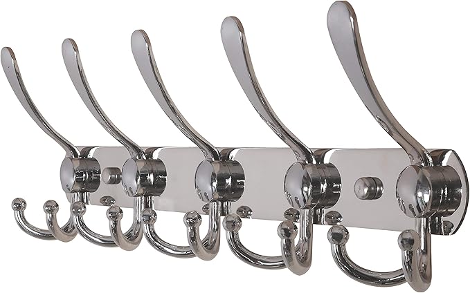 Dseap Coat Rack Wall Mounted - 5 Tri Hooks, Heavy Duty, Stainless Steel, Metal Coat Hook Rail for Coat Hat Towel Purse Robes Mudroom Bathroom Entryway,Chromed