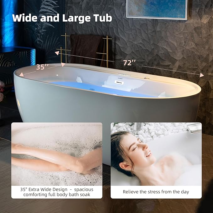 WOODBRIDGE 72" x 35-3/8" Whirlpool and Air Bath Heated Soaking Combination Tub with Adjustable Speed Air Blower and Display Control Panel, White,BJ-500