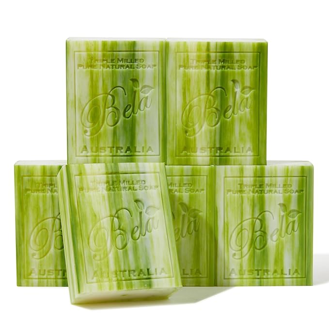 BELA Olive Oil and Cocoa Butter Soap, 3.3 OZ Pack of 6, Long Lasting French Triple Milled Bar Soap with Organic Shea Butter, Hand, Face and Body Wash Bar, Made in Australia