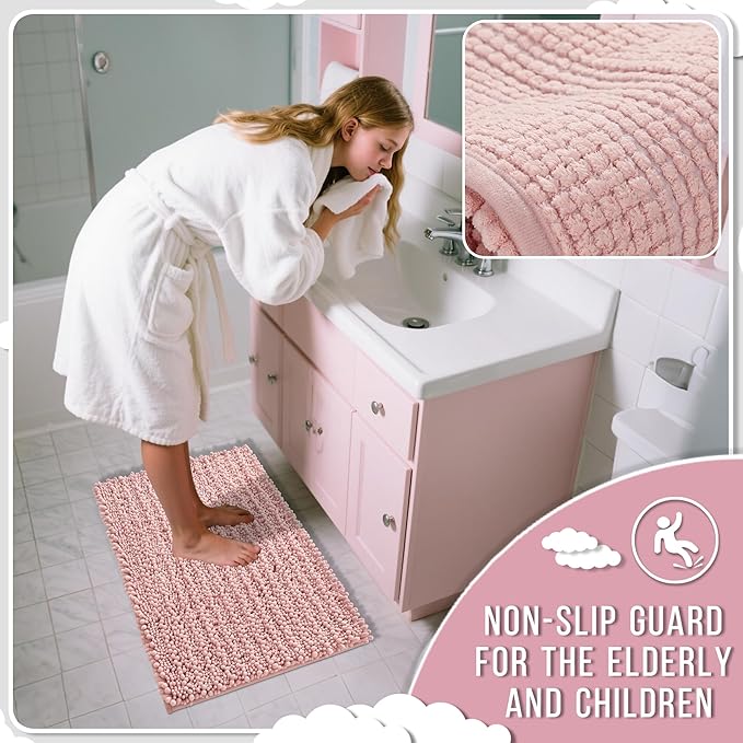 Yimobra Long Bathroom Rugs Non Slip Washable 44x24 Inch - Ultra Soft Absorbent Chenille Bath Mat, Quick Dry Shaggy Floor Carpet for Tub Shower, Light Pink Home Decor Accessories