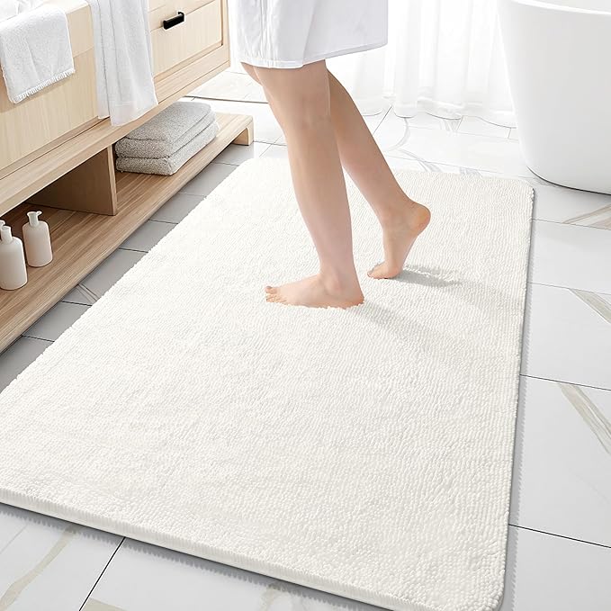 OLANLY Bathroom Rugs 59x35, Extra Soft Absorbent Chenille Bath Rugs, Rubber Backing Quick Dry, Machine Washable Bath Mats for Bathroom Floor, Tub and Shower, Home Decor Accessories, Ivory