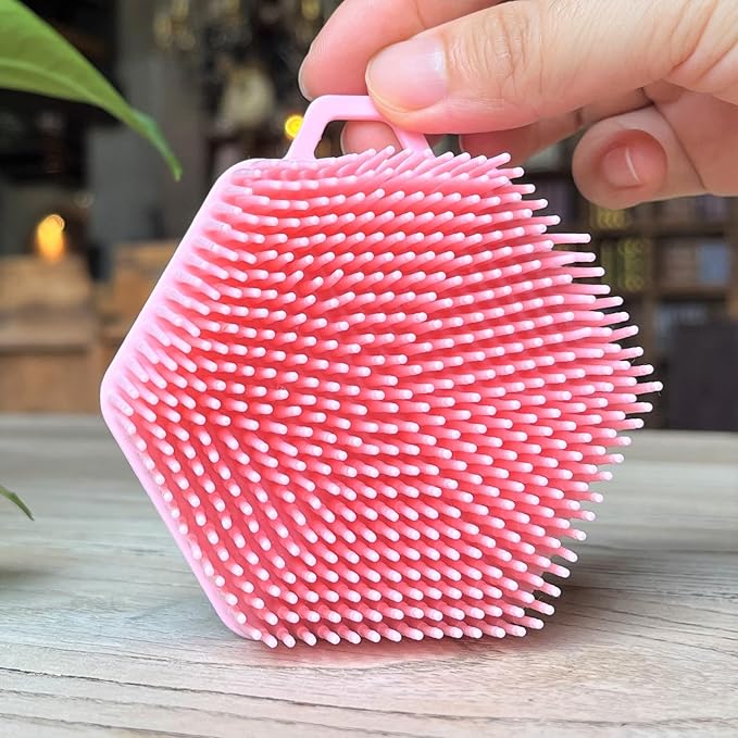 Premium Sensory Brush for Kids or Autism,Soft Silicone Body Scrubber,2 in 1 Sensory Room Occupational Therapy Sensory Brushes,Silicone Loofah,Pets Shower Brush Bath Brush Shampoo Brush（Hexagon-Pink）