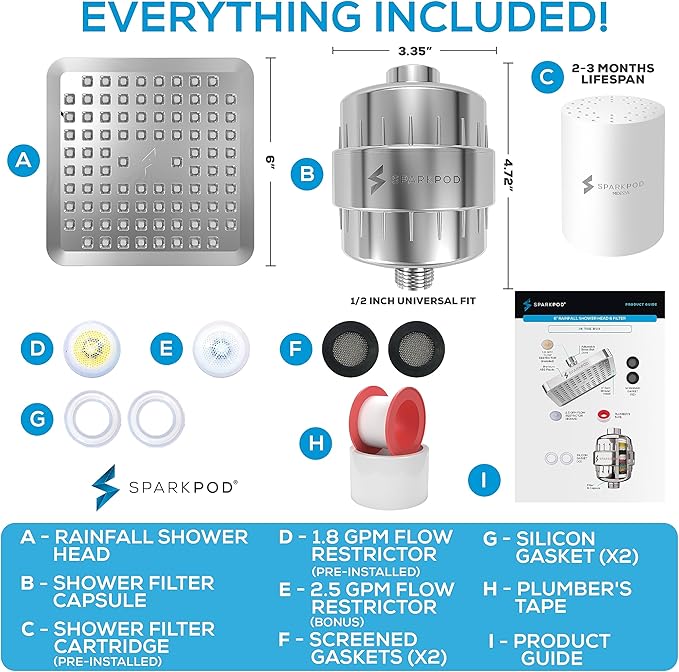 SparkPod Luxury Filtered Shower Head Set 23 Stage Shower Filter - Reduces Chlorine and Heavy Metals - High Pressure Showerhead Filter (6" Square, Luxury Polished Chrome)