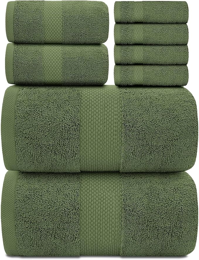 White Classic Luxury Bath Towel Set of 8 Pieces - 100% Turkish Cotton Highly Absorbent Towels for Bathroom, 2 Luxury Bath Towels 700GSM, 2 Hand Towels, 4 Washcloths, Sage Green