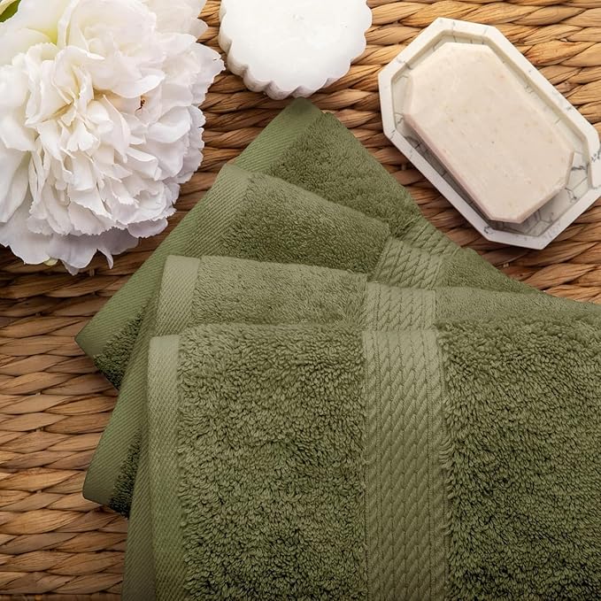 Superior Egyptian Cotton Pile Hand Towel Set of 4, Ultra Soft Luxury Towels, Thick Plush Essentials, Absorbent Heavyweight, Guest Bath, Hotel, Spa, Home Bathroom, Shower Basics, Forest Green