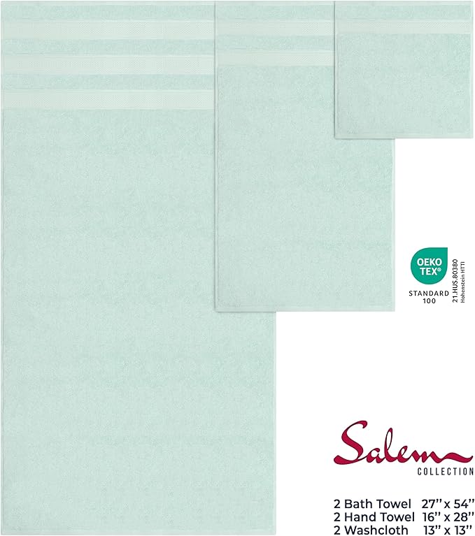 American Soft Linen Salem Turkish Bath Towel Set, 100% Cotton 600 GSM 6 Piece Towels for Bathroom, 2 Bath Towels 2 Hand Towels 2 Washcloths, Mint